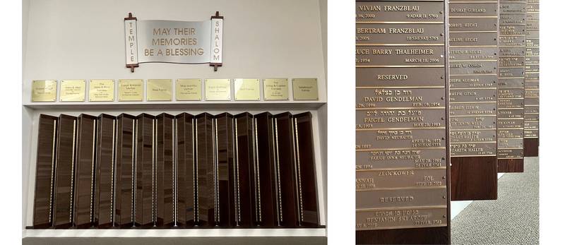 Memorial board in the sanctuary and close up of plaques