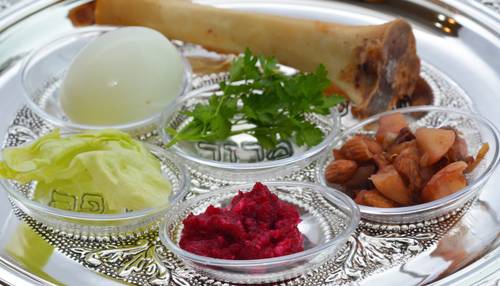 seder plate set for Passover with egg, bone, parsley, lettuce, horseradish and charoset