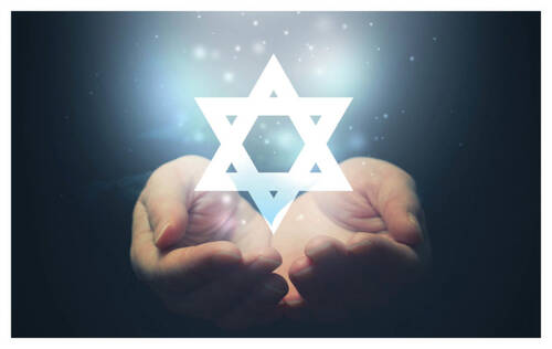 cupped hands with glowing, sparkly star of David floating above them